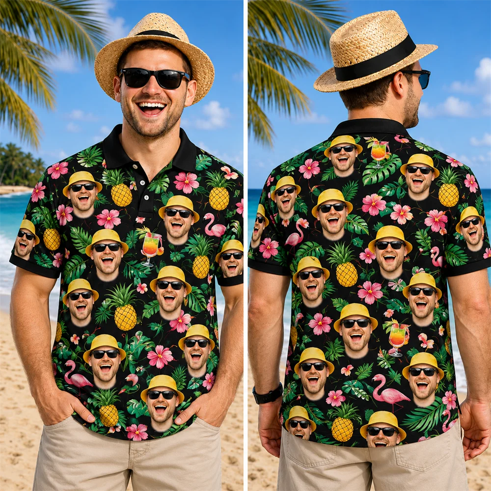 Custom Face Hawaiian Polo Men 3D Pineapple Flamingo Tee Personalized Photo Beach Tops Vacation Tropical Party Casual Funny Gift