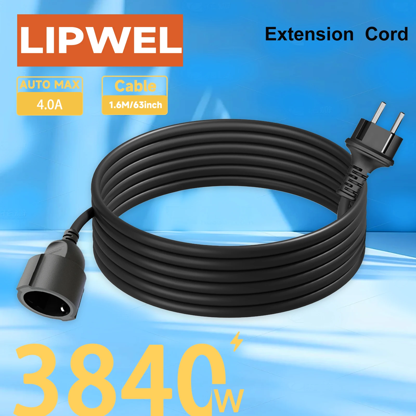 LIPWEL European Extension Cord, 1/1.8/3/5/7/10m Flame-Retardant Durable Power Cable, 3840W High Power for Home & Outdoor Use