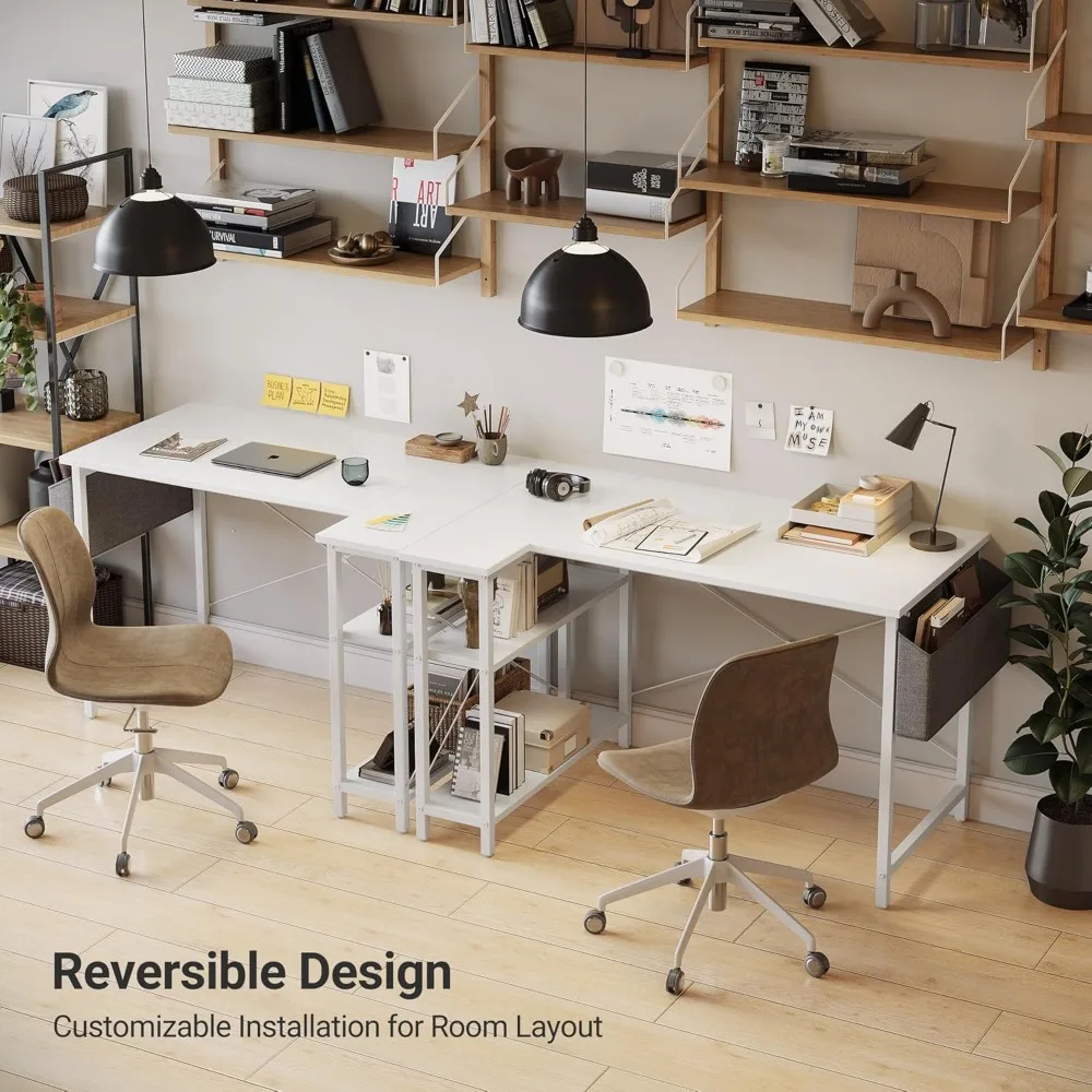 40" L-Shaped Computer Desk with Reversible Storage Shelves, Home Office Corner Desk for Study and Gaming in Pure White