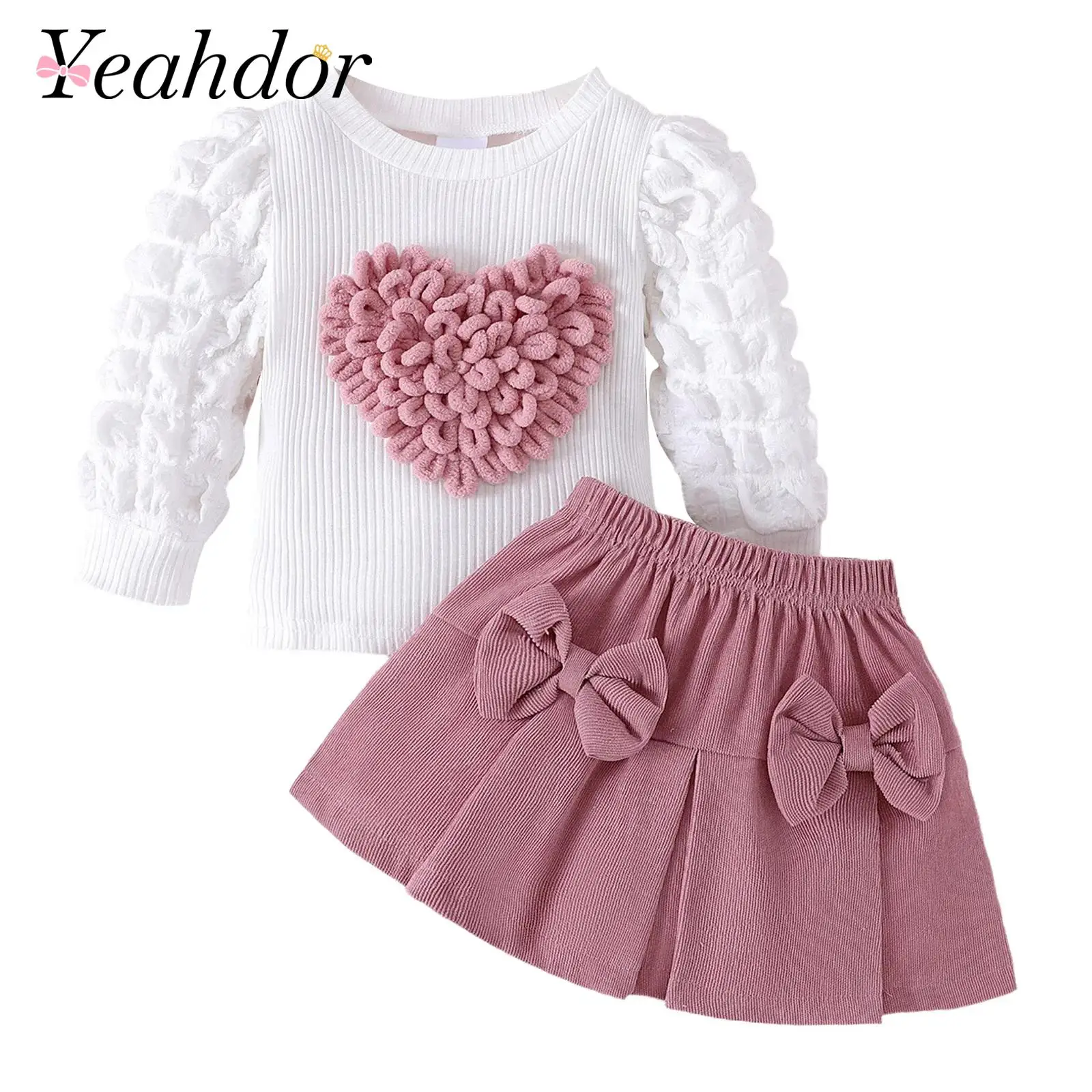 

Baby Toddler Girls Outfit Long Sleeve Pullover Ribbed T-shirt Bow Pleated Skirt for Birthday Daily Wear Infant Girls Clothes