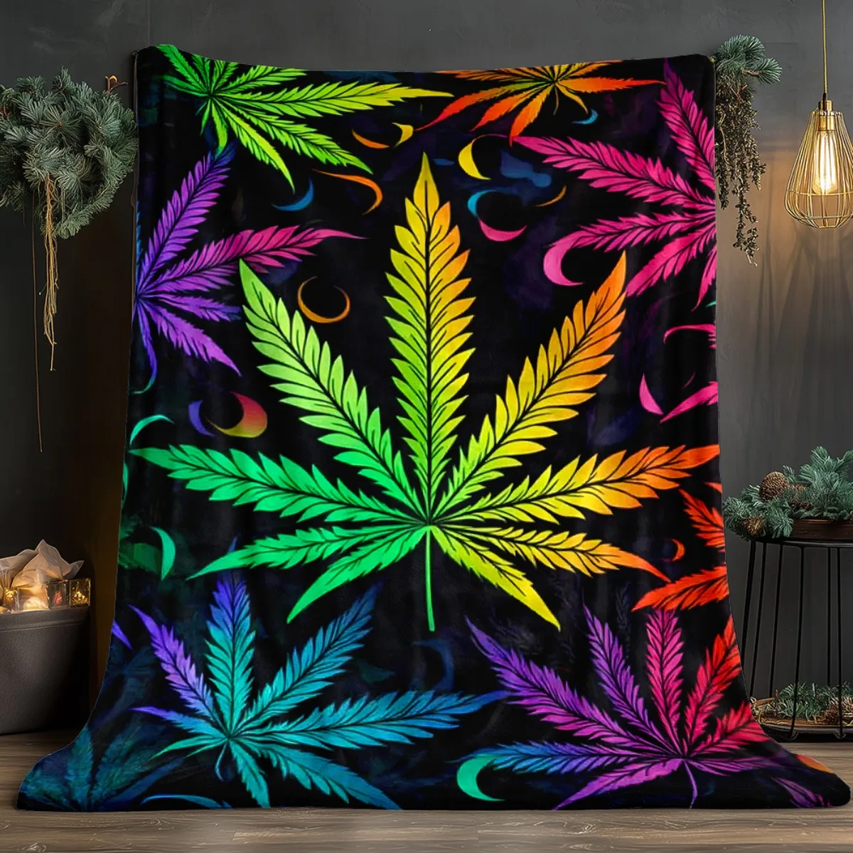 Rainbow Cannabis Leaf Pattern Fleece Blanket Psychedelic Hippie Style Throw Hipster Gift Colorful Soft Comforter for Couch Bed