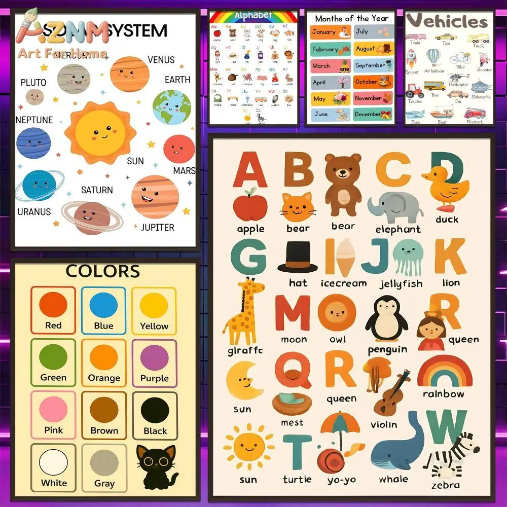 AZNM Kids Educational Canvas Wall Art Prints Solar System Alphabet Colors Months Vehicles Nursery Learning Decor Poster