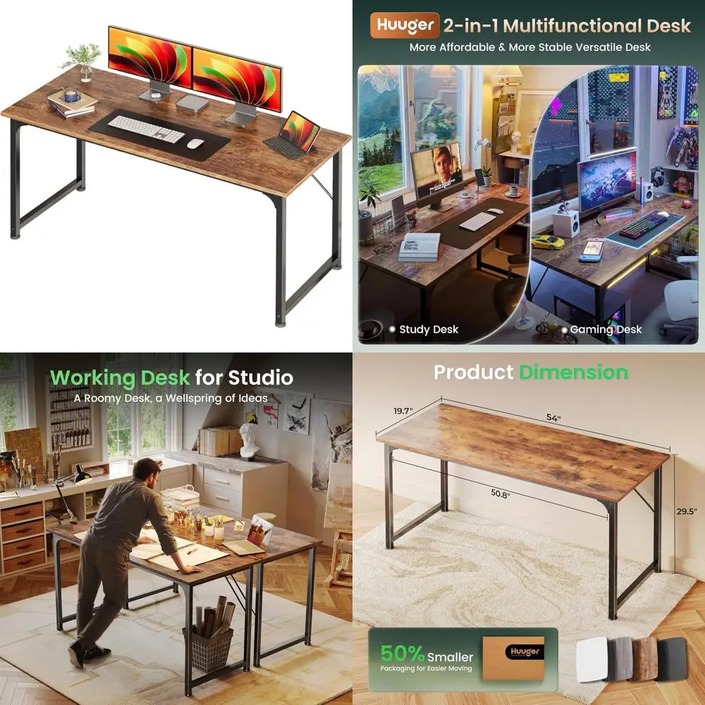 

55 Rustic Brown Metal Home Office Desk with Ample Legroom for Gaming, Writing, and Studying
