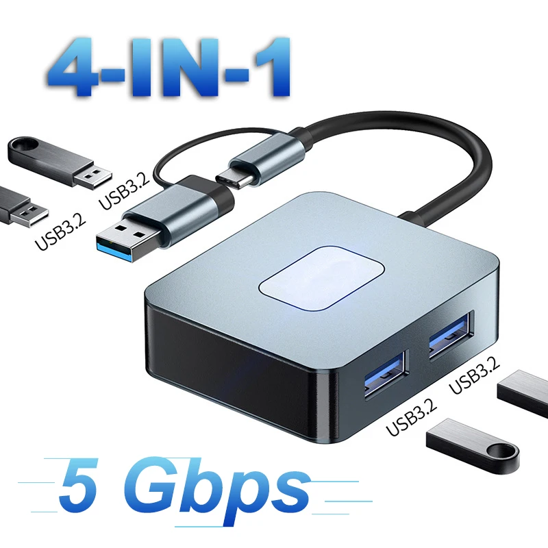 

4 in 2 USB 3.2 Hub Type C USB-C to USB 3.2 Adapter Multiport 5Gbps Docking Station Splitter for Macbook Xiaomi Dell Accessories