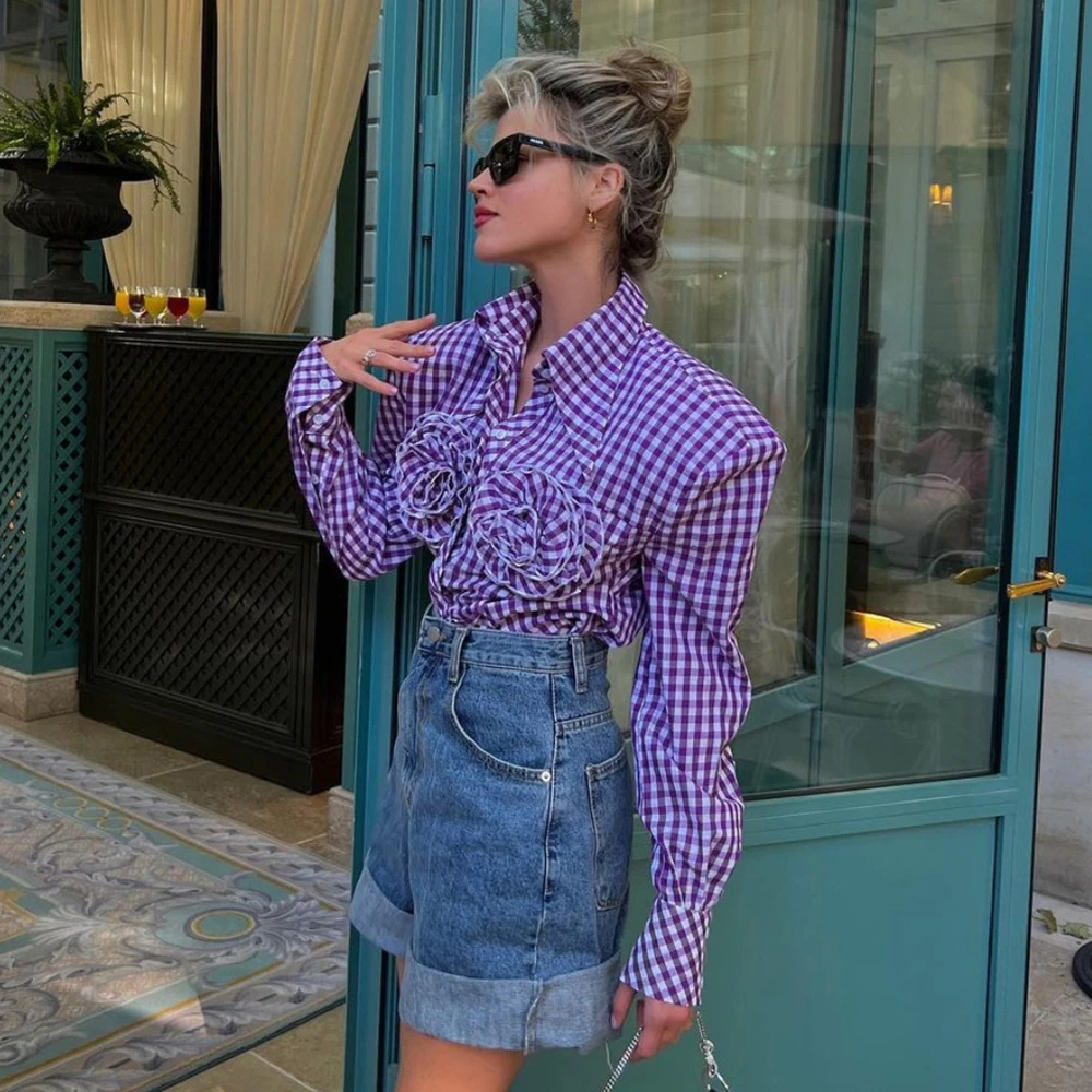 Autumn Green Plaid Floral Appliques Blouse Women Elegant Turn-down Collar Long Sleeve Shirts 2023 Female Casual Tops Coat