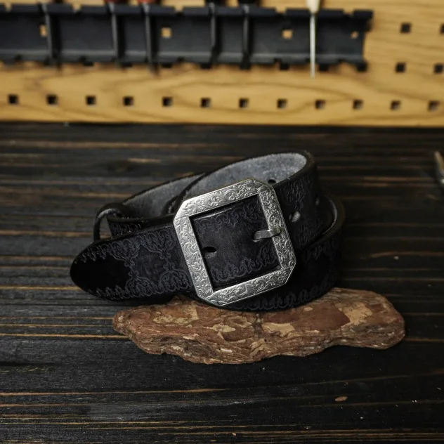 Men's Thickened 6MM Bison Leather Belt with Engraved Pattern and Stainless Steel Buckle Genuine Leather Practical Cowhide Belt