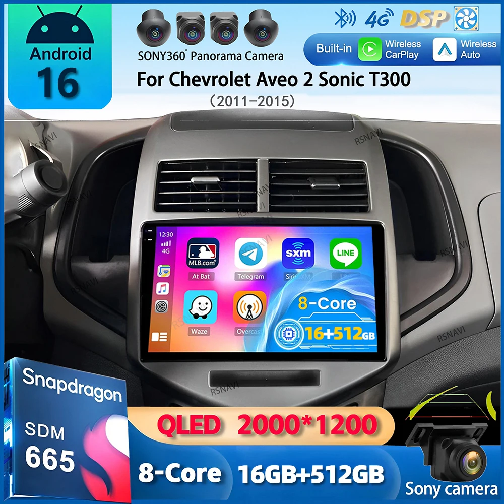 Radio Multimedia para Auto con Android 16 y CarPlay para Chevrolet Aveo 2 Sonic T300 2011-2015, Navegación GPS, Estéreo 2DIN