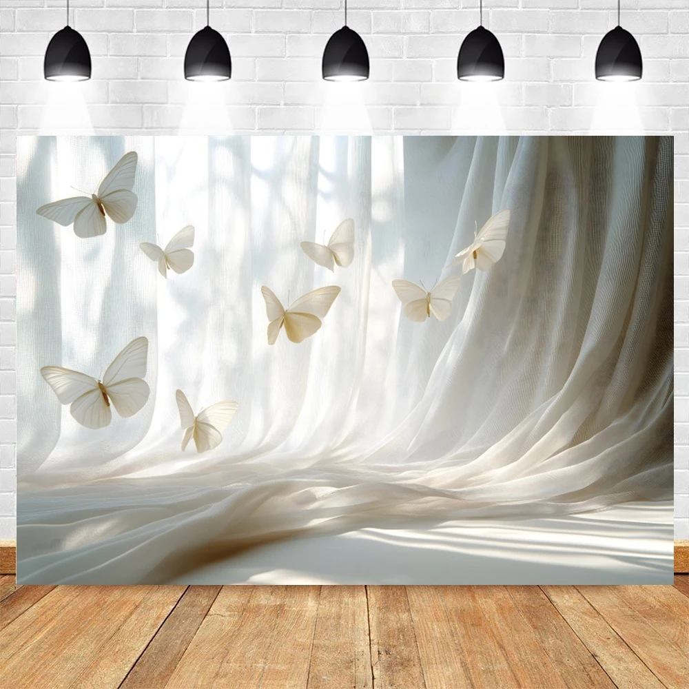 Window Sunshine White Curtains Butterfly Wedding Backdrop for Photography Kids Adults Maternity Dresses Photoshoot Background