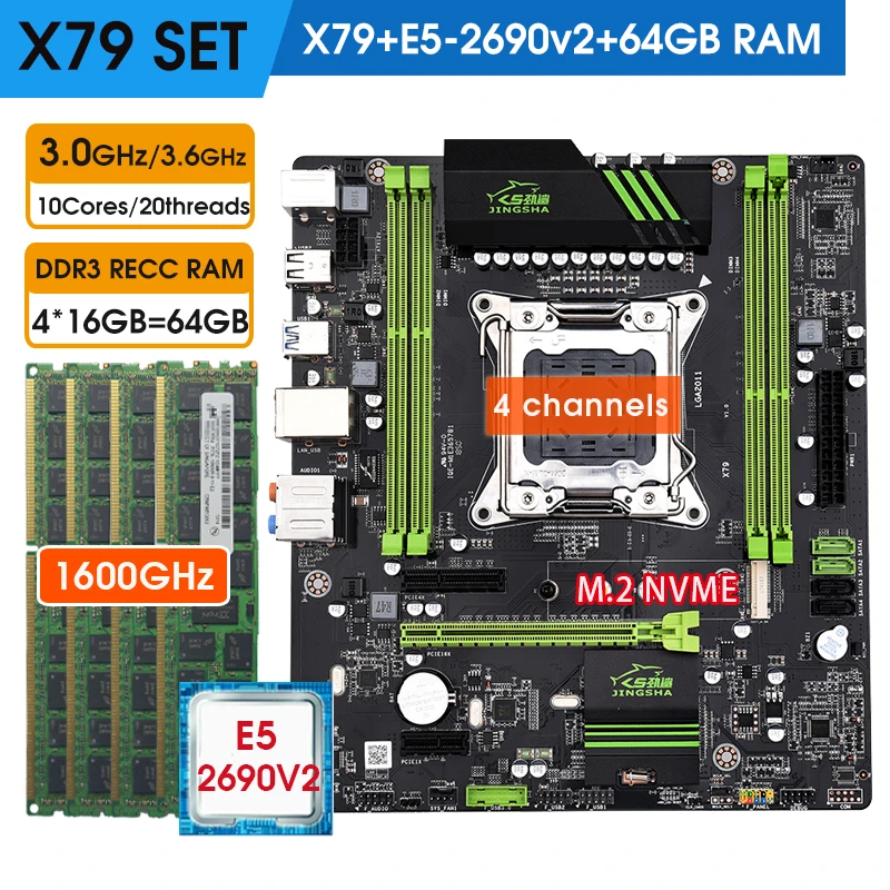 X79 motherboard lga2011 kit xeon e5 2690 v2 processor 64GB(4*16GB) 1600MHz ddr3 memory X79 placa mae four channel combo Nvme m.2