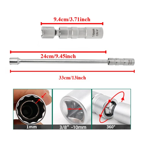 Imagen 2 del producto Herramienta de extracción de bujías de 14mm y 16mm, llave, funda magnética de 3/8 pulgadas, llave de vela giratoria de 12 puntos, imanes de 16mm, velas extraíbles