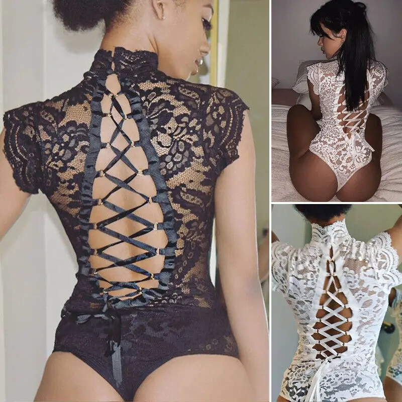 Mulheres exóticas sexy roupa interior gola alta renda transparente bodysuit arco sem mangas cruz bandagem elegnat lingerie erótica vestido de sexo