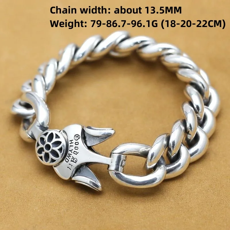 Punk style 925 sterling silver vintage Cherry Blossom men's rugged bracelet Hipster accessories wide face fashion accessories