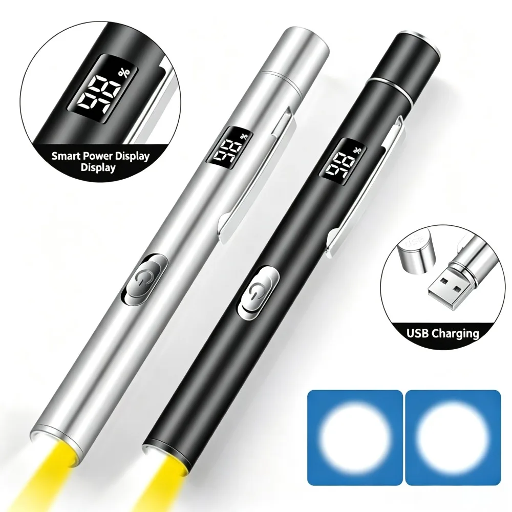 Rechargeable Medical Pen Flashlight Dual White Yellow Light Digital Power Display With Pupil Ruler For Nurse Doctor Examination