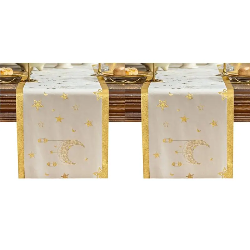 

【РАЖДЕСТВА】2 шт. скатертей-дорожек для стола с горячим тиснением в виде луны, фонарей и звезд, бархатная декоративная скатерть для дома, к праздникам Ид аль-Фитр и Рамадан