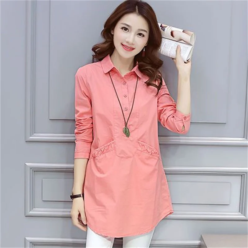 2023 Pocket Solid Color pullover Shirt Advanced. Korean Version Slim Slim Medium And long. Long SleeWomen's Large Shirt