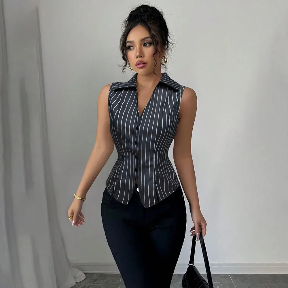 Camicia estiva casual slim gilet donna 2025 camicetta con stampa a righe senza maniche moda top donna elegante