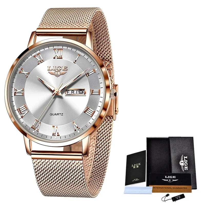 LIGE Brand Fashion Luxury Women Watch Waterproof Rose Gold Steel Mesh Strap Ladies Wristwatches Bracelet Clocks Relogio Feminino