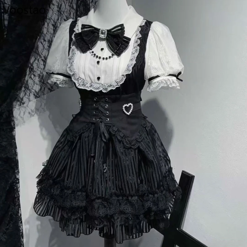 

Japanese Gothic Y2k Rhinestone Bow Lolita Dress Set Women Sweet Lace Ruffles Peter Pan Collar Party Dresses Harajuku Kawaii Suit