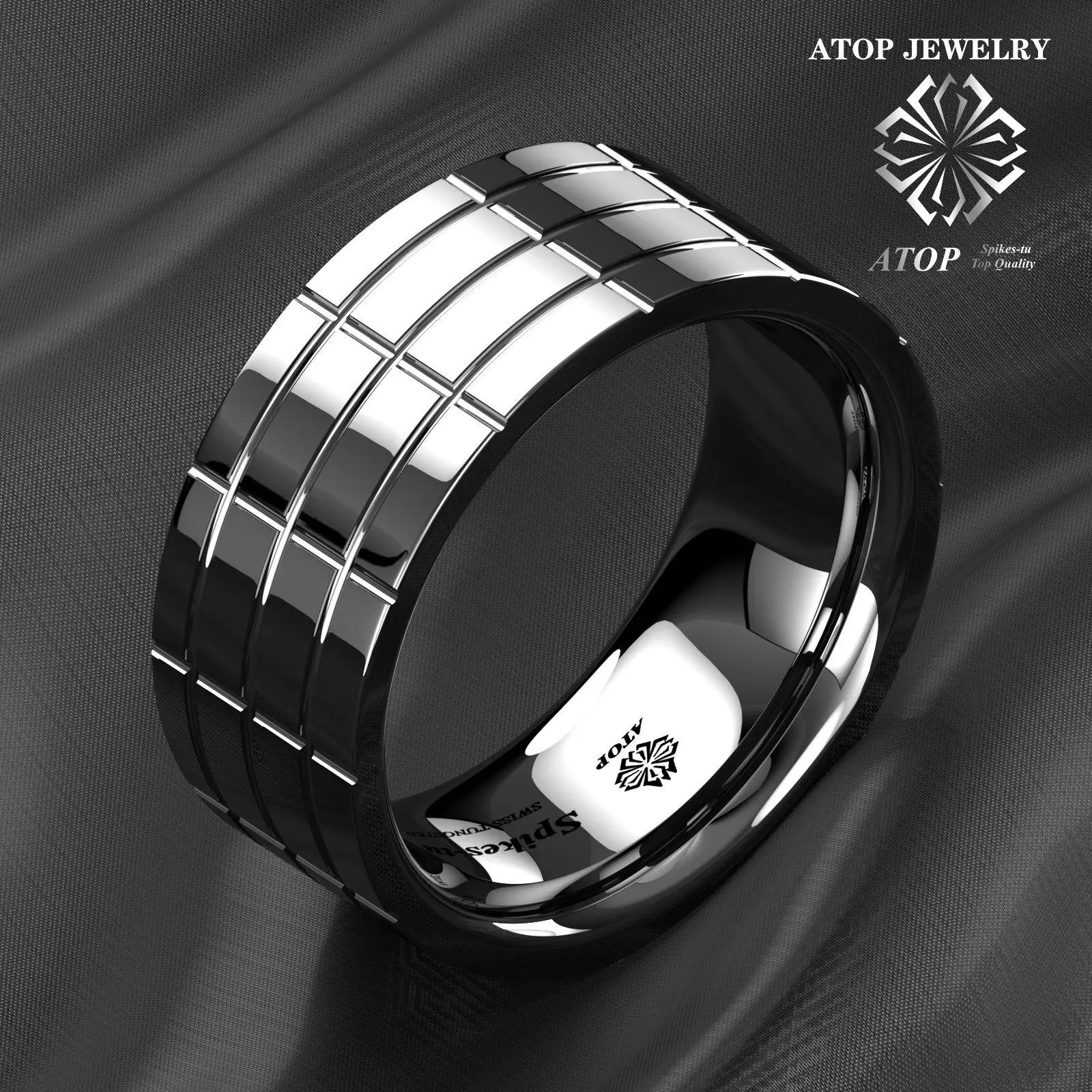 Silver Mirror Plated Tungsten Ring Grooved Mens Wedding Bands ATOP Jeswelry