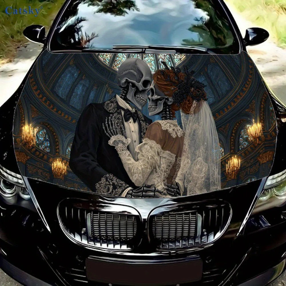 Luxury Retro Skull Wedding Car Hood Sticker, Exquisite & Romantic car hood stickers, waterproof self-adhesive, scratch resistant