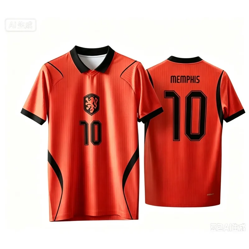Orange Lion 10 Memphis Style Retro Fußballtrikot mit schwarzem Kragen, Fußballshirt für Herren und Damen, Fan-Sportoberteil – Detail 6