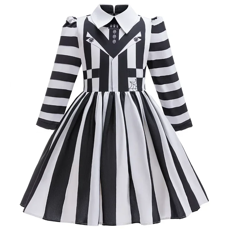 Kid Girls Lapel Collar Black and White Striped Dress Movie Character Cosplay Halloween Costume