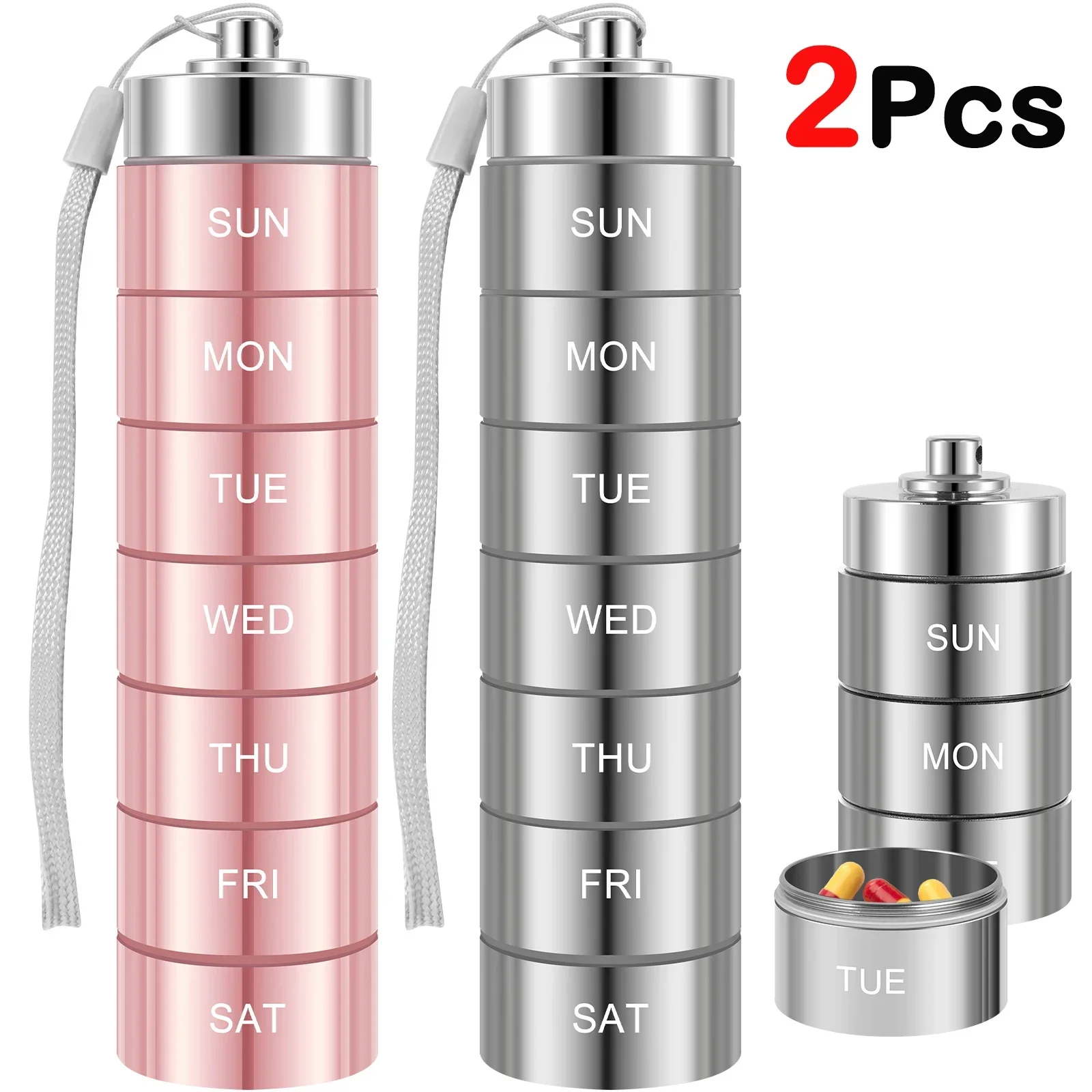 

2Pcs Aluminum Alloy Pill Organize Stackable Sealed Waterproof Weekly Pills Storage Container Portable Travel Pill Cases Box