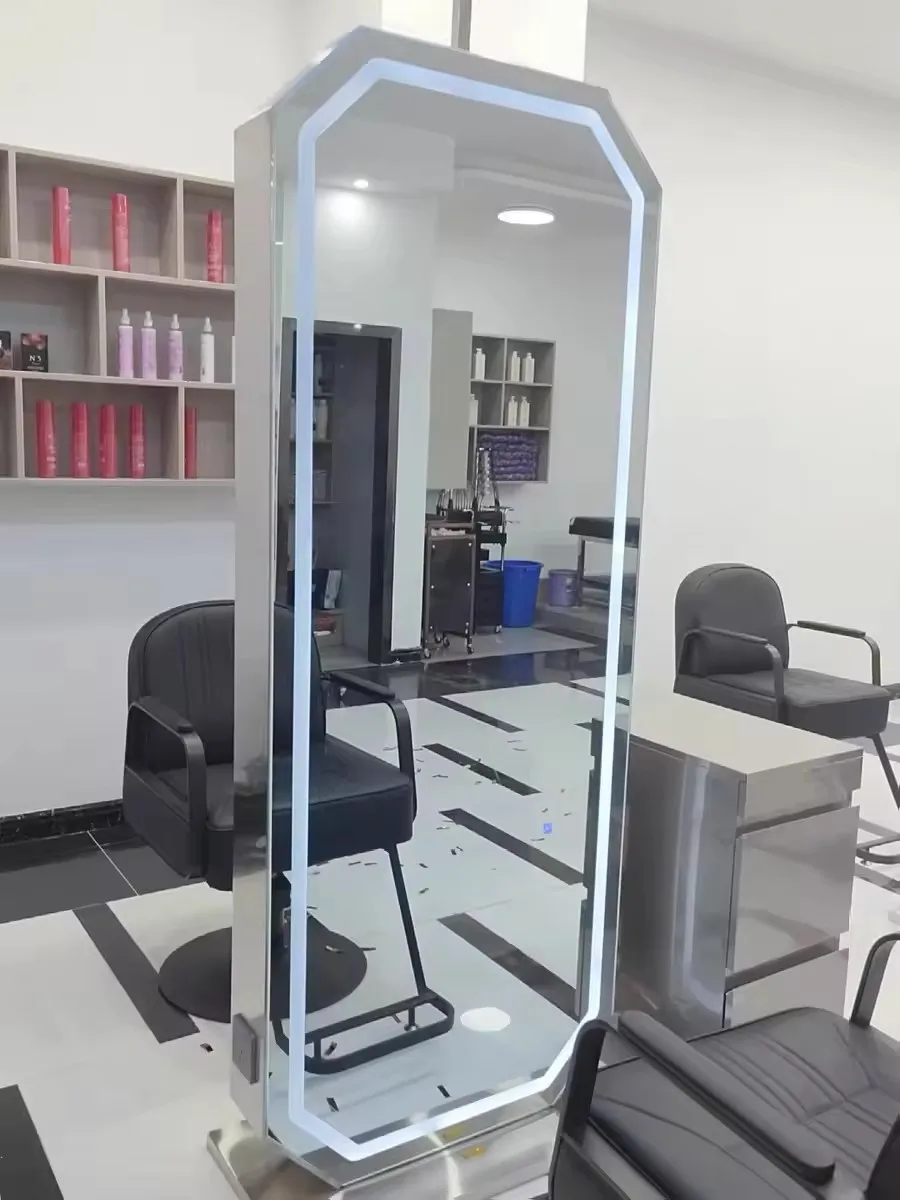 Espelho de penteado com moldura de metal dourado, dupla face, luxo, comprimento total, chão, barbearia