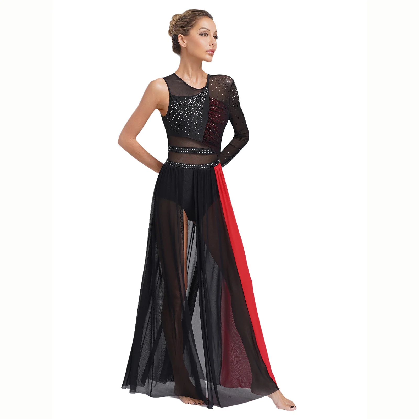 

Adult Women Lyrical Dance Costume Figure Skating Ballet Gymnastics Performance Dancewear Rhinestones Side Split Mesh Long Dress