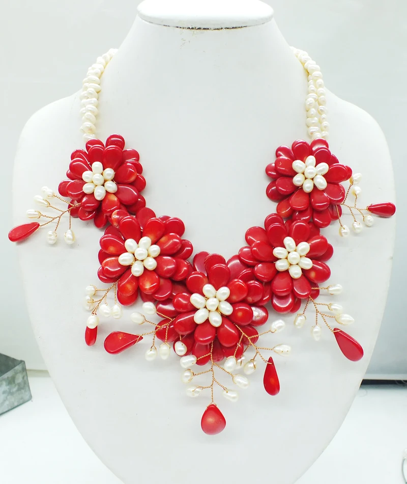 top fashion, red coral. pearl flowers Necklace (only one necklace)