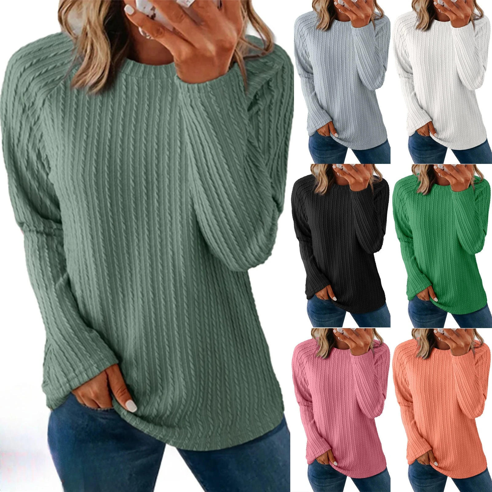 

Y2K autumn and winter new long-sleeved crew neck top women's fashion casual solid color texture loose t-shirt jumper top