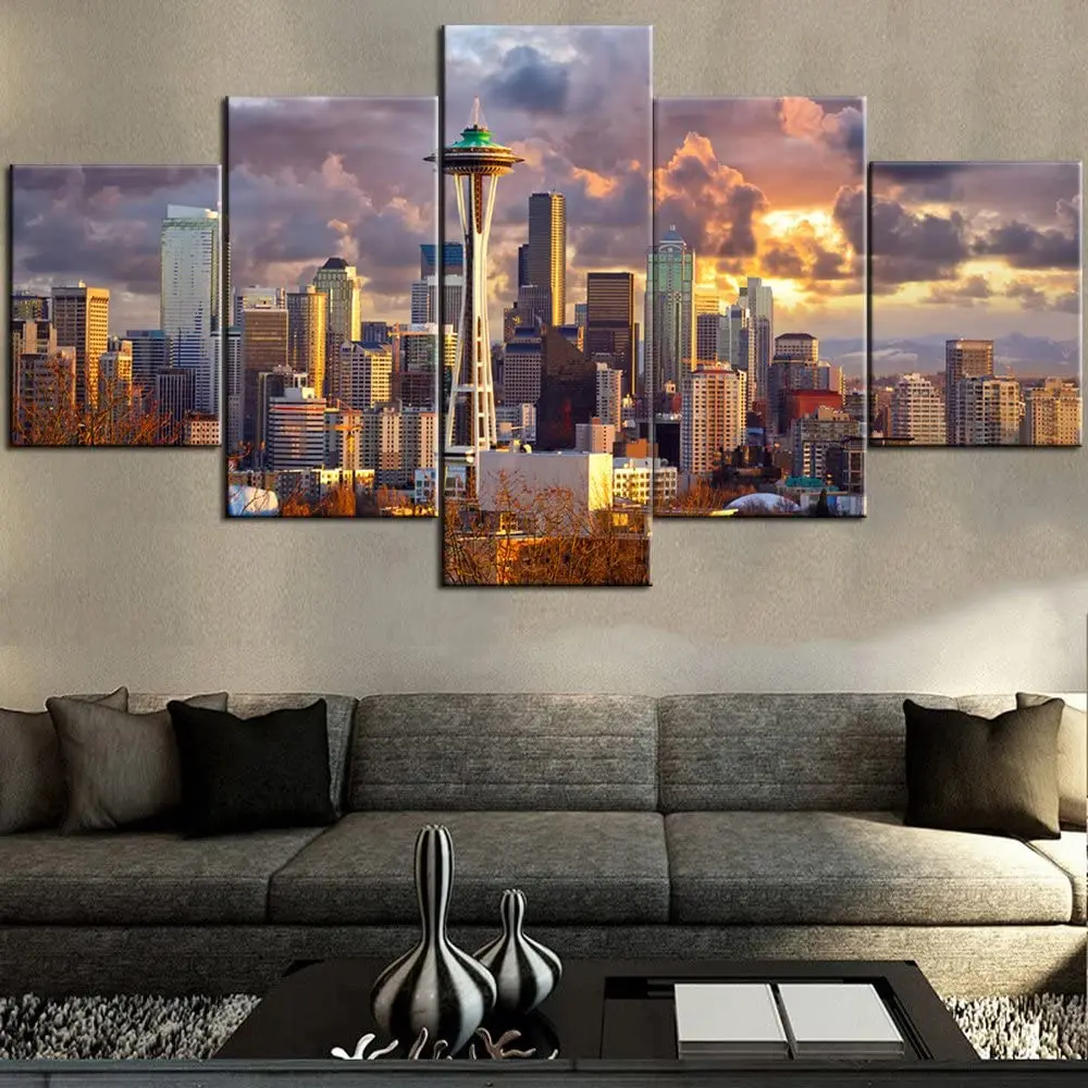 

No Framed Canvas 5Pcs Seattle Skyline at Sunset Cityscape Modern Wall Art Posters Pictures for Living Room Home Decor Paintings