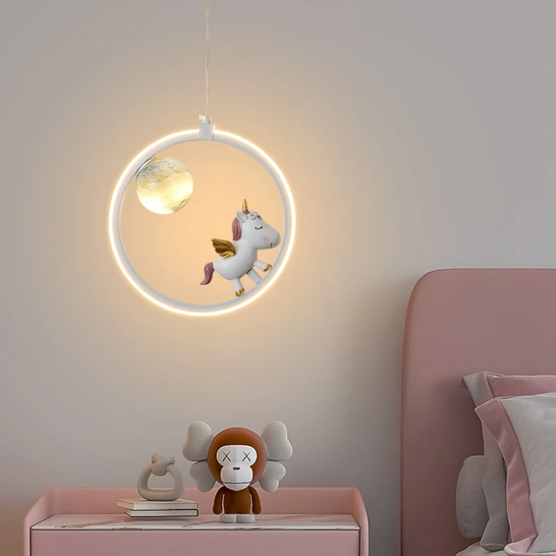 Cute Children's Room Bedside Pendant Lights Cartoon Unicorn Lamp Simple Modern Boy Girl Bedroom Princess Room Suspended Lamps