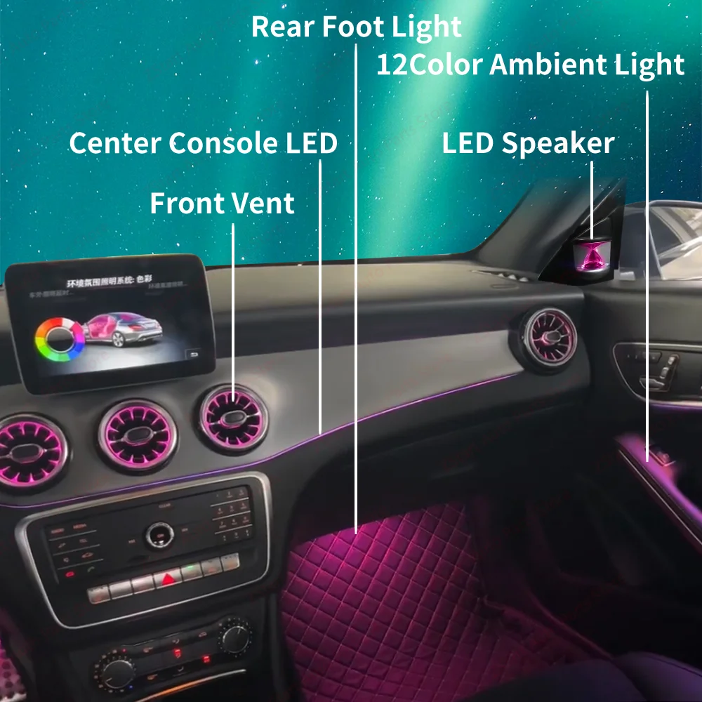 

12/256 цветов W117 светодиодный окружающий свет для Mercedes Benz A CLA GLA W176 W156 A45 CLA 45 AMG Bluetooth приложение вентиляционные отверстия турбина насадка