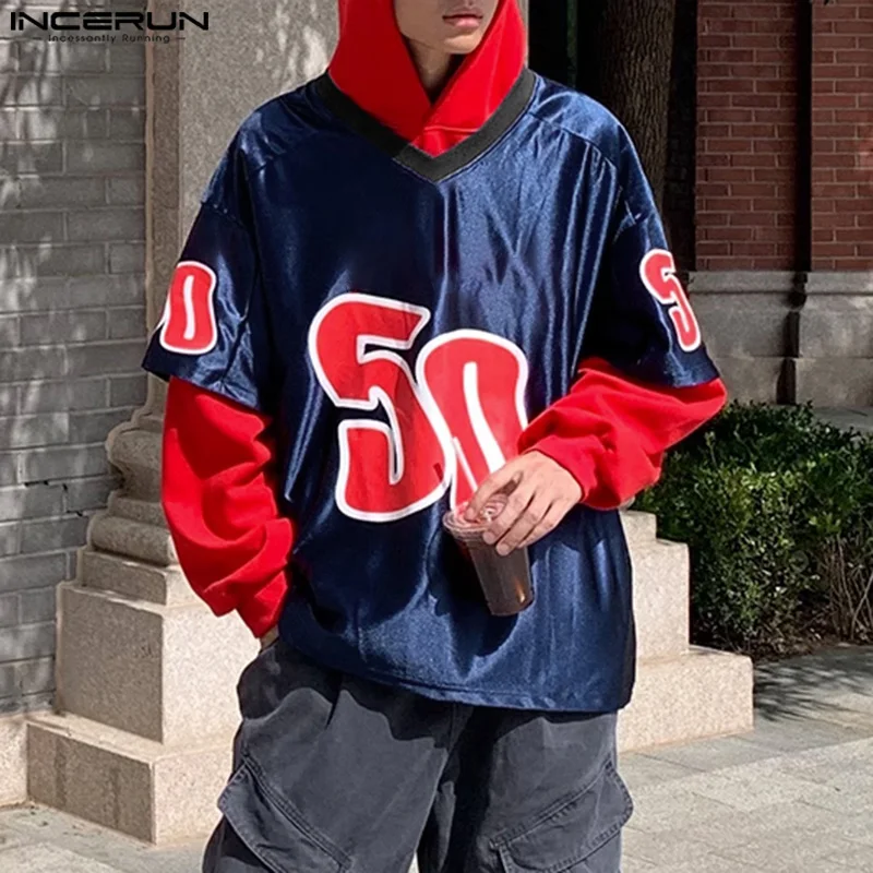 

INCERUN Tops 2025 Korean Style Fashion Men Fake Two Piece Digital Print Hoodie Male Streetwear Personality Long Sleeved Hoodies