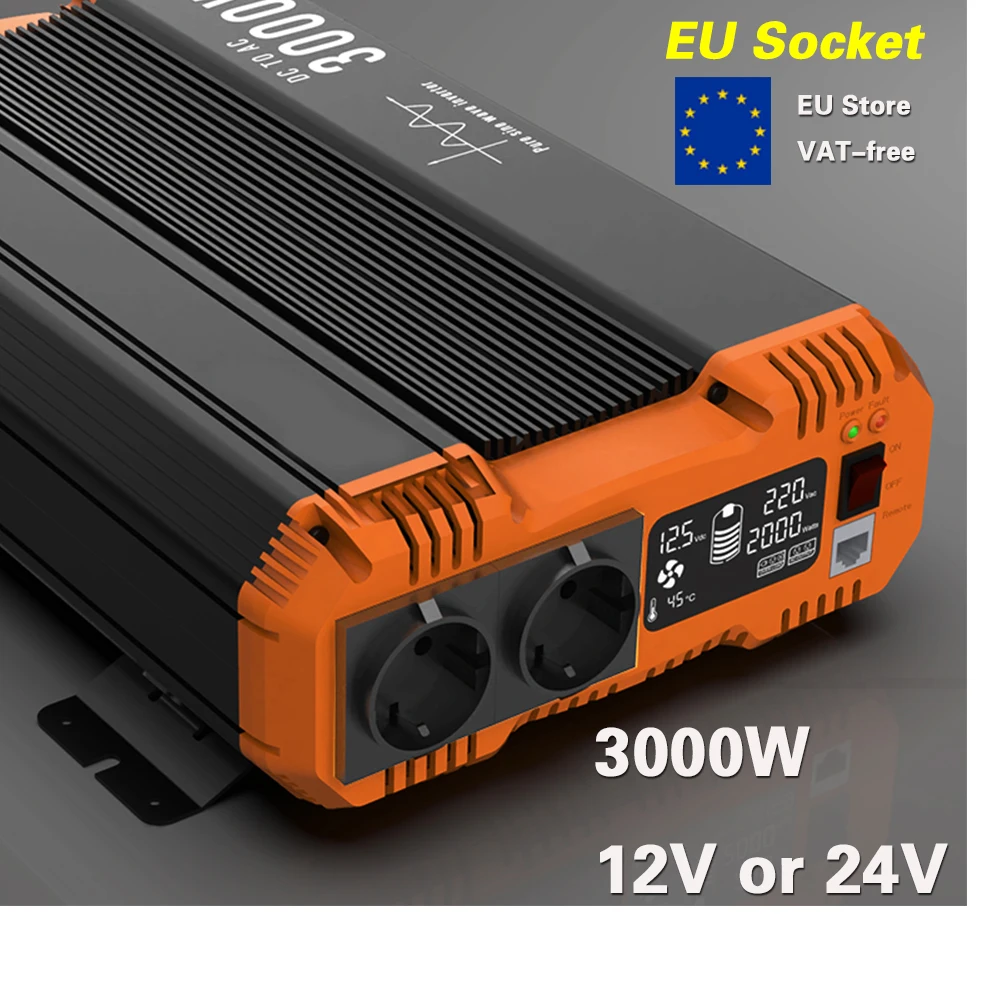 6000W Pure Sine Wave Inverter 12V 24V To 220V 50Hz Power Converter LCD Display Voltage Transformer Auto Accessories UPS EU Socke