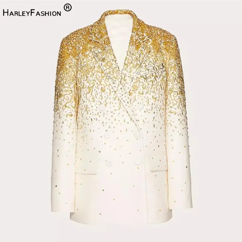 Fashion Designed Lady Fall Autumn Fine Workmanship Gradient Sequins Beading Coat Women Long Sleeve Double-breasted Blazer