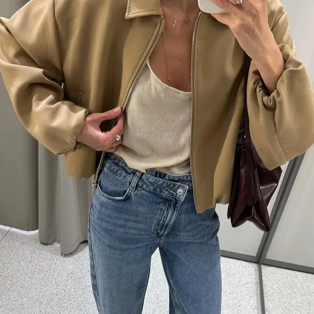 Women's Bomber Jacket Lapel Long Sleeve Zipper Pocket Jackets Women 2025 High Street Vintage Lady Motorcycle Outwears Loose Coat