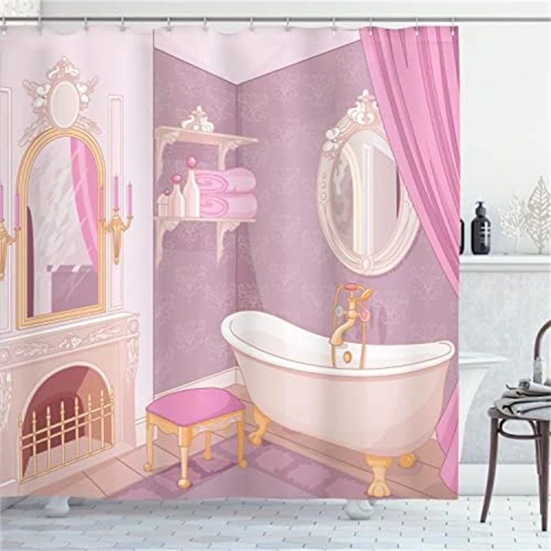 Shower Curtain Cartoon Pink Princess Cute Art Curtain Home Bathroom Bathtub Gym Hotel Decoration Waterproof Multi-Size