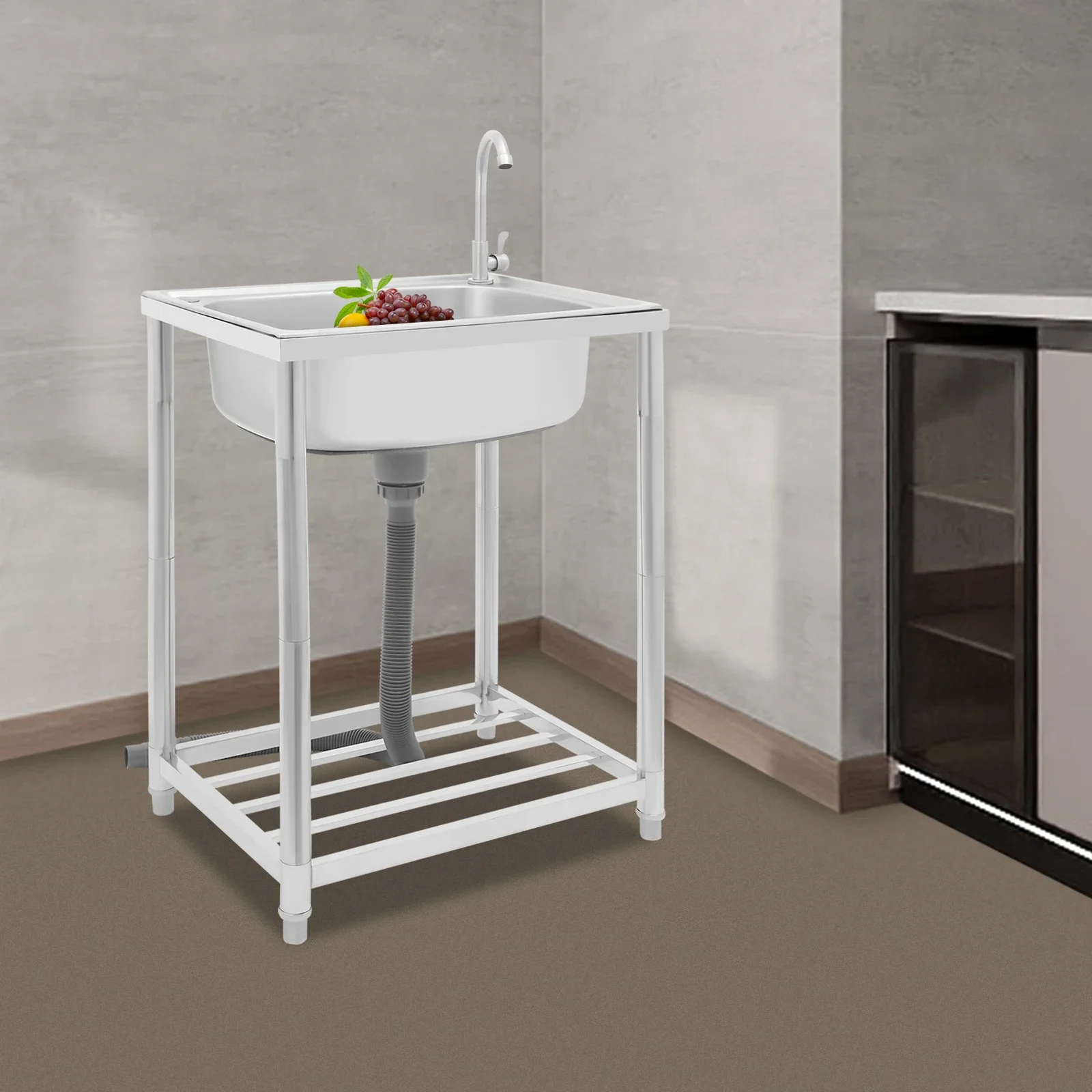 

Silver Single Bowl Free Standing Sink，360° Rotatable Faucet Stainless Steel Kitchen Sink,for Cleaning Tableware, Vegetables