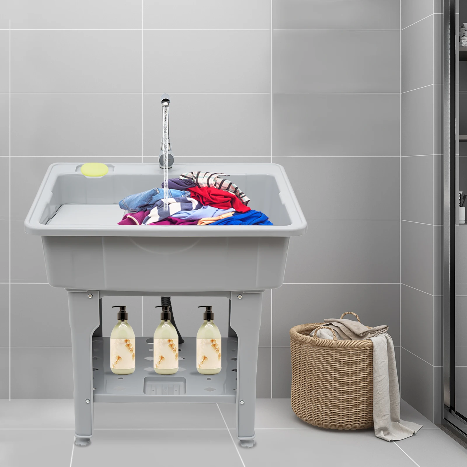 

Home Laundry & Utility Sinks, Plastic Freestanding Washing Room Laundry Tub Sink with Washboard Faucet Drain Kit (Grey)