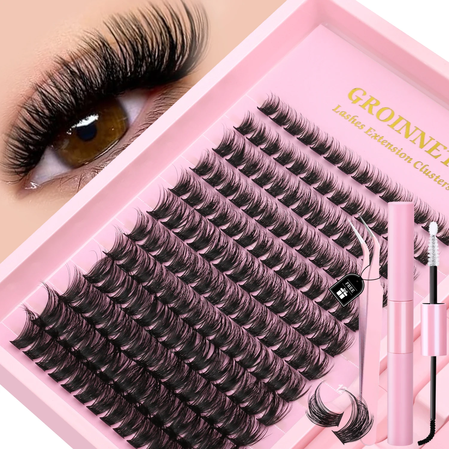 GROINNEYA DIY Wimpern-Cluster-Set, individuelle falsche Wimpern, Wispy Cluster, Nerz-Wimpernverlängerung mit Wimpernbindung und Siegel-Make-up
