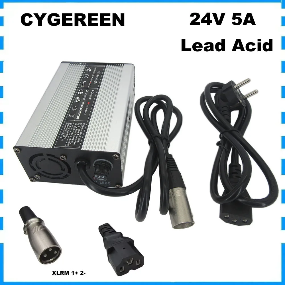 24 Volt 5A Blei-Säure-Schnellladegerät 24V 28,8V RV Golfwagen 20AH 30AH Batterieladegerät 12V*2 Aluminiumgehäuse XLRM 1+ 2- IEC C13