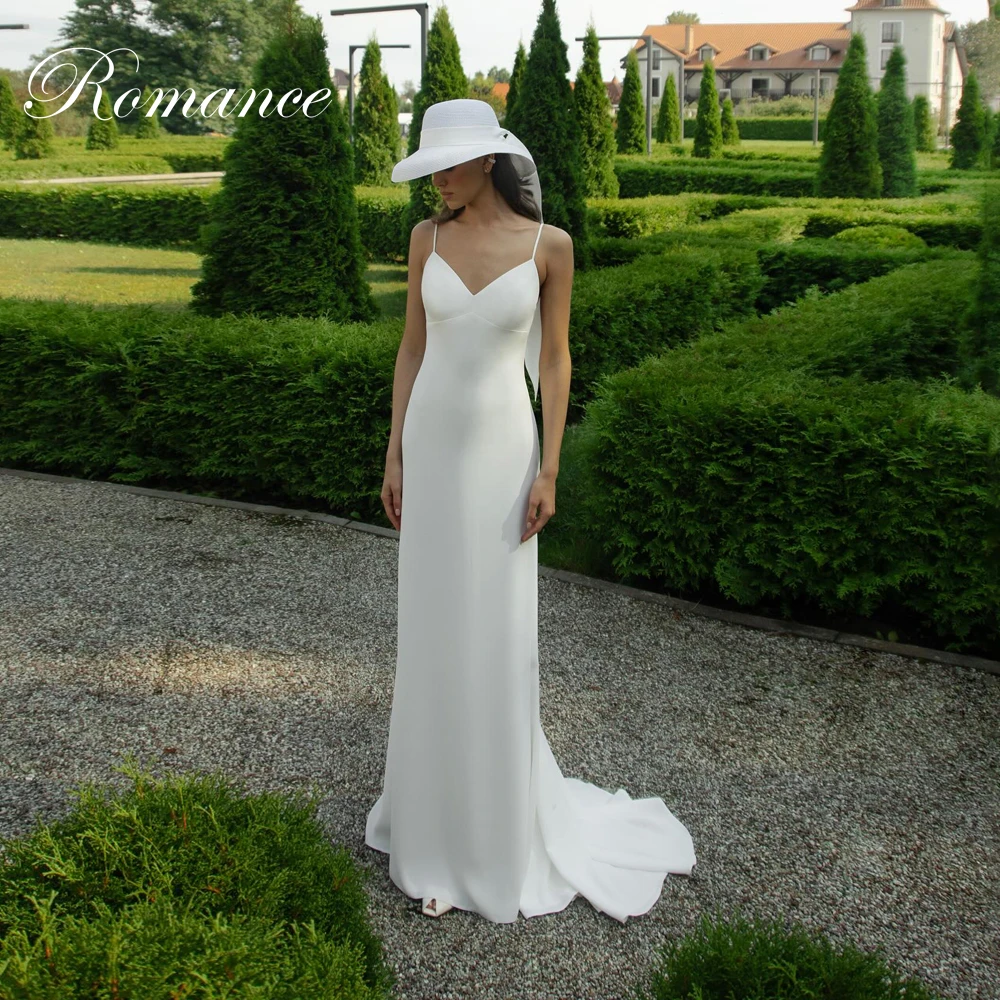 

Simple V-Neck Mermaid Wedding Dress Spaghetti Straps Sleeveless Open Back Sweep Train Bridal Gown Vestidos De Novia Customized