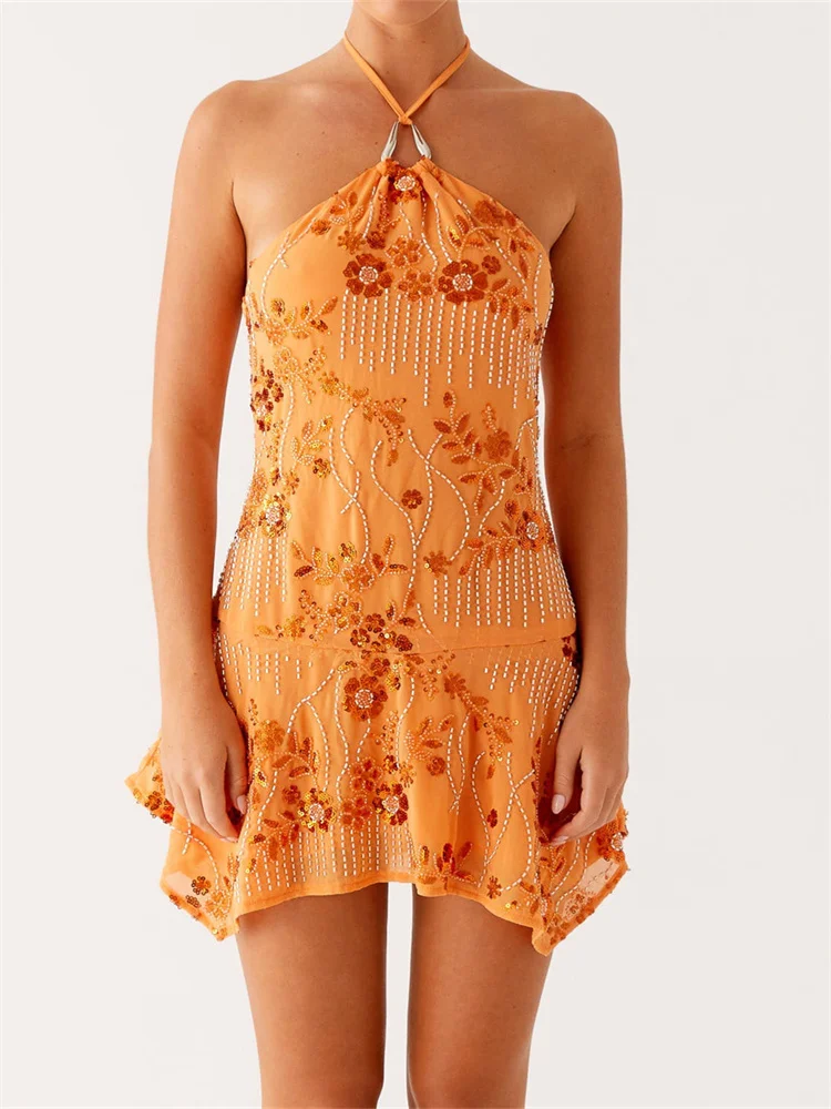 Dourbesty-minivestido camisero con cuentas y lentejuelas, Vestidos cortos sexys sin mangas con cuello Halter para mujer, Vestidos con hombros descubiertos y espalda descubierta 2025