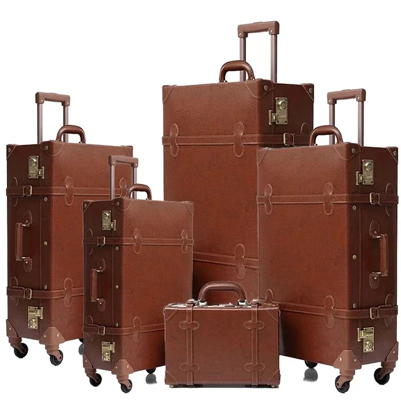 Brown Vintage Luggage Set 5 Piece Old Fashion Style Carry On Suitcase with Wheels and TSA Lock for Women and Men