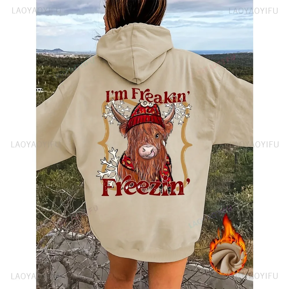 Cute Highland Cow Print Hoodie with Drawstring Casual Polyester Sweatshirt with Hood Alphabet & Animal Pattern Pocket Detail