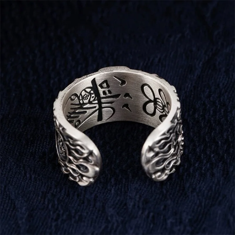 Blessing Taoist Dharma Protector Ring For Men Jewelry Ethnic Style Relief Flame Auspicious Clouds Ring Male Finger Accessories