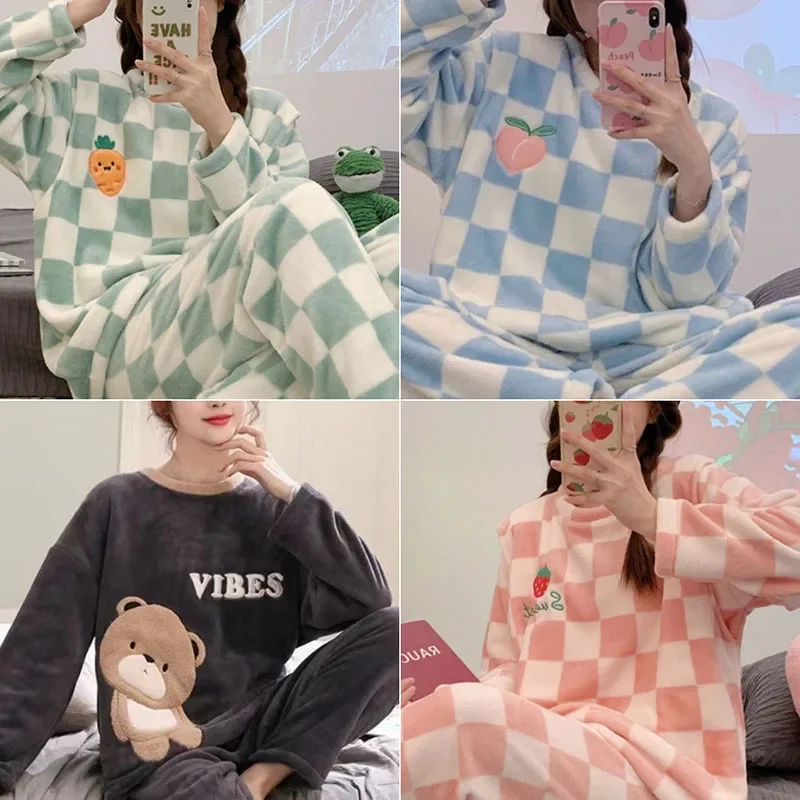 Thickened Warm Flannel Plus Size Ladies Pajamas Set Long Sleeves Winter Sleepwear Home Wear Women Cartoon Bear Plaid Nightwear