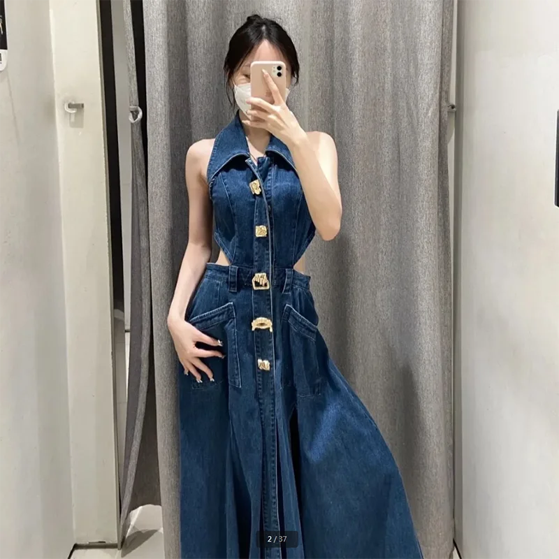 

Women's Double Slit Denim Dress, Backless Dress, Sexy Metal Button, Slim Waist, High-End Dresses, Summer, New